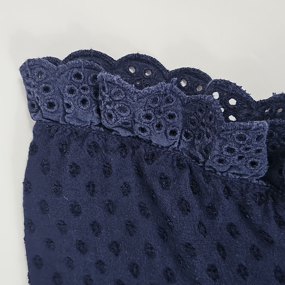 FRNCH Paris Navy Blue Eyelet Lace Mini Dress Scallop High Neck Swiss Dot Boho M - Picture 8 of 12